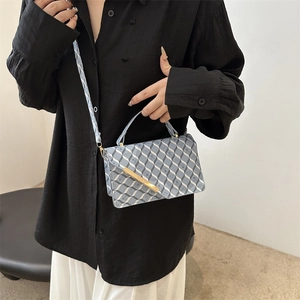 Blue plaid chain handbag and crossbody bag with gold buckle shown on a female model