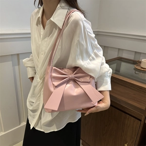 Grand sac cabas rose avec nœud élégant et finition en cuir PU brillant pour femme