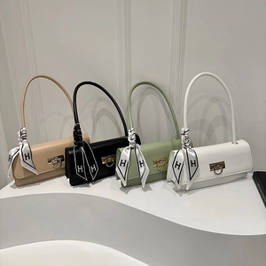 French Style Women Baguette Underarm Bag PU Leather Minimalist Shoulder Bag With Letter Scarf Decoration And Gold Metal Lock