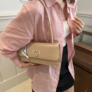 French style beige baguette shoulder bag with H pattern silk scarf and gold metal buckle