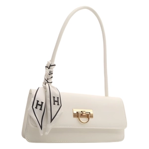 French style white leather underarm bag with decorative black and white silk scarf handle