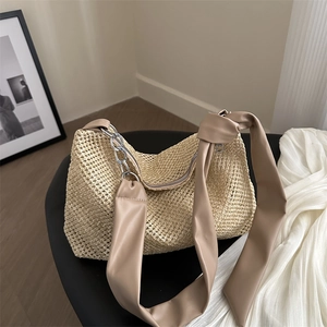 Women Straw Woven Shoulder Bag Hollow Out Grid Tote Bag With PU Leather Knot Strap Silver Chain Zipper Summer Vacation Casual Hobo Bag