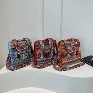 Ethnic bohemian woven shoulder bags with colorful patterns and fringe tassels