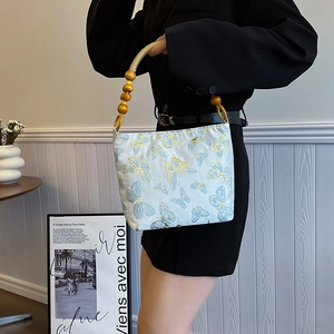 Vintage Embroidery Shoulder Bag Satin Fabric With Wood Bead Handle Floral Butterfly Pattern Chic Handbag For Women
