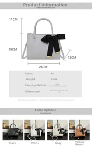 Tableau des tailles et détails techniques du sac cabas en cuir PU avec quatre couleurs