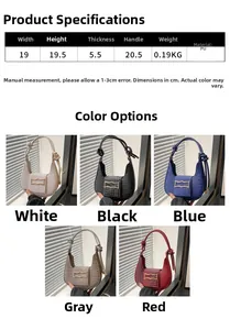 Size chart and color options for crocodile pattern PU baguette bag in five vibrant colors