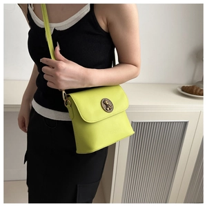 Gros plan du sac carré vert citron avec boucle ours en bronze et logo embossé