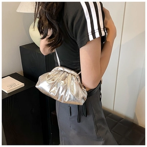 Detail of silver pleated dumpling bag with metallic texture shown on shoulder