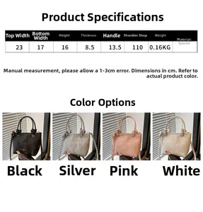 Detailed size specifications and four-color display for the stylish crossbody bucket bag