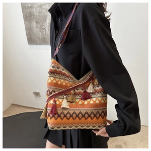 Detail van een geweven boho schoudertas met geometrische patronen en gekleurde franjes