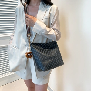Retro print crossbody tote bag for women with striped canvas strap and doll charm