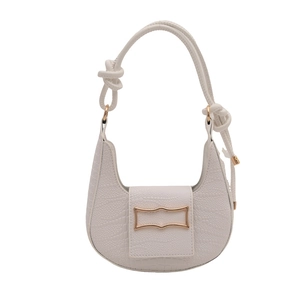 Chic white croc-embossed baguette hobo bag with a gold buckle and knotted shoulder strap