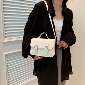 Retro cream white mini crossbody bag with vintage double buckle design and top handle