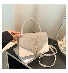 Detail of white rhinestones handbag with gold double-S hardware and tassel on a book base
