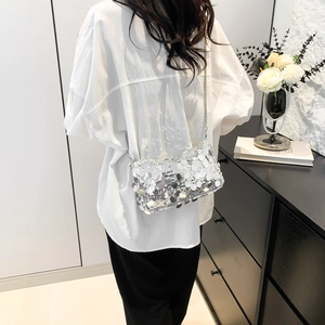 Silver sequin crossbody bag with metal chain strap worn over a white shirt and black pants