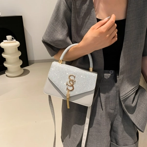 Gray crossbody bag with silver glitter flap and gold hardware held by professional model