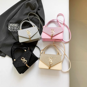 Minimalist chain crossbody bags in four colors with metallic logo and tassel charms