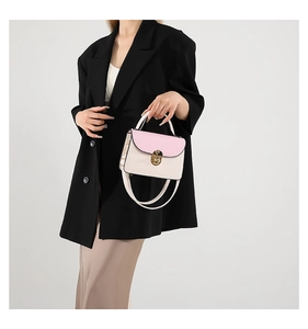 Detail of pink and white crossbody bag with gold rotating metal clasp on a model