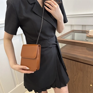 Brown vintage PU leather mini crossbody phone bag with metal chain strap for women