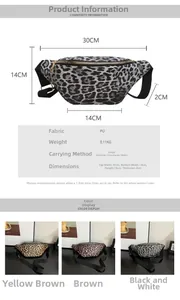 Tableau des tailles pour sac banane léopard indiquant dimensions 30x14x14cm et détails en PU