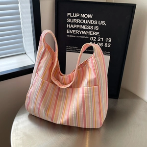 Women Large Capacity Striped Canvas Tote Bag Casual Multi Pocket Shoulder Bag For Commuting Fashion Underarm Hobo Bag