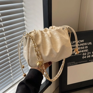 Women New Chinese Style Pleated Cloud Bag PU Leather Drawstring Shoulder Bag With Gold Ball Chain Strap Crossbody Pouch Bag
