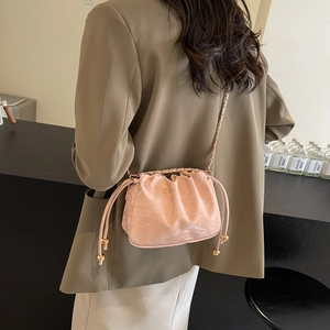 Chic pink pleated cloud bag with metallic chain strap and gold bead detail for women