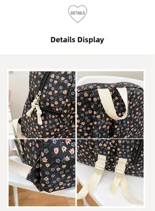 Detailed views of floral backpack featuring dual metal zippers and adjustable straps