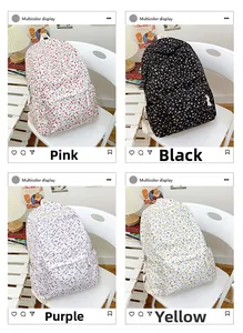 Collage of floral canvas backpacks in pink, black, purple, and yellow color options