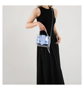Detail van transparante PVC-tas met blauw geruite binnenzak en zilveren kettingriem