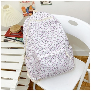 Floral nylon backpack for women with purple flower pattern and multiple zipper pockets