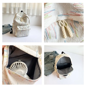 Dettagli dello zaino bianco con texture a rilievo, ricami colorati e interno ampio