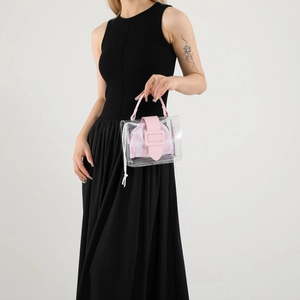 Transparante PVC mini handtas met roze lederen flap en geblokte binnentas met trekkoord