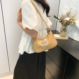Khaki crescent underarm bag with sparkling heart rhinestone decoration for women