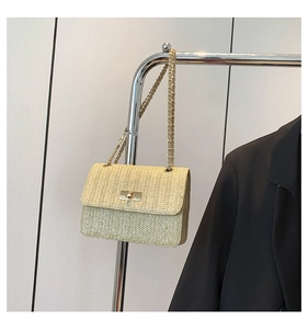 Détail d'un petit sac tissé avec fermoir rotatif doré et bandoulière en chaîne