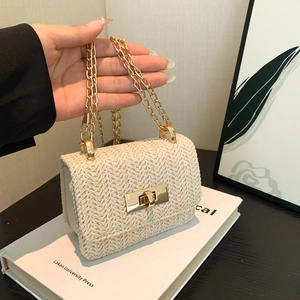 Mini Borsa a Tracolla in Paglia Intrecciata da Donna Borsa a Tracolla con Catena d'Oro Vintage Borsetta Estiva da Spiaggia con Serratura