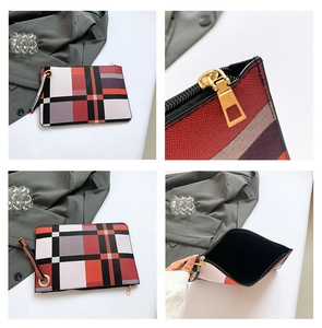 Detailed grid showing red plaid envelope clutch with gold zipper and canvas texture
