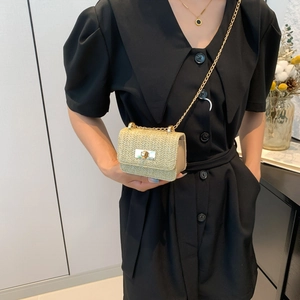 Mini borsa a tracolla in paglia con catena dorata e fibbia per la moda estiva