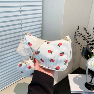 Women Strawberry Print Corduroy Underarm Bag Set Casual Shoulder Bag With Mini Coin Purse Wide Strap Crossbody Bag Gift