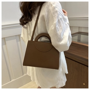 Brown rectangular crossbody bag with cutout handle worn by model against a vintage wall