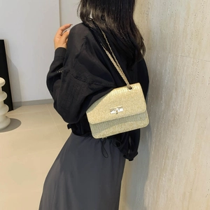 Beige woven crossbody bag with gold chain strap and metallic twist lock closure
