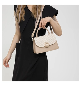 Detail of a chic woven crossbody bag with beige leather trim and a golden clasp closure