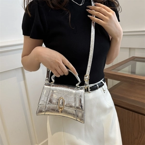 Silver crocodile texture handbag for women with metallic finish and gold buckle