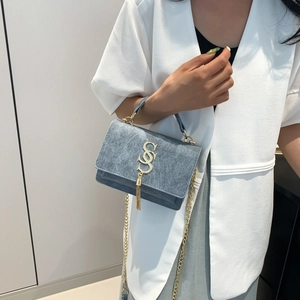 Grey-blue stylish crossbody chain bag with gold SOS tassel hardware and suede texture