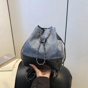 Trendy Women Bucket Bag Summer Patchwork Chain Design Drawstring Shoulder Backpack PU Leather Casual Travel Handbag Minimalist