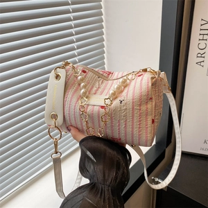 Sac À Bandoulière Cylindrique Femme Rayé Tissu Texturé Imprimé Dessin Animé Chaîne Künstliche Perles Fleur Métal Style Tendance Doux