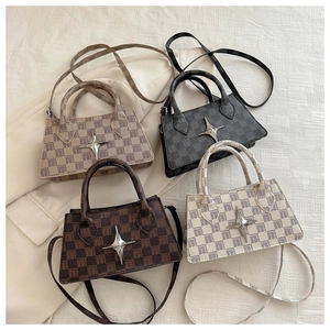 Detailed grid of four checkered leather handbags in warm beige, brown, and grey tones