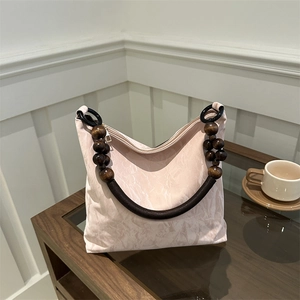 Women's Vintage Wrinkled Tote Bag With Wood Bead Handle Fashion Simple Shoulder Bag For Daily Casual Commute Hobo Bag