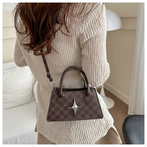 Deep brown checkerboard crossbody bag with star hardware shown on a model