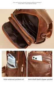 Dettaglio delle tasche interne e della zip antifurto su questo zaino retrò in pelle PU